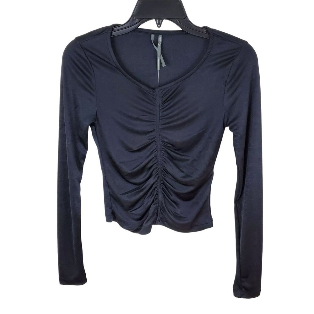 NWT Anthropologie Black Ruched Long Sleeve Cropped Top XS